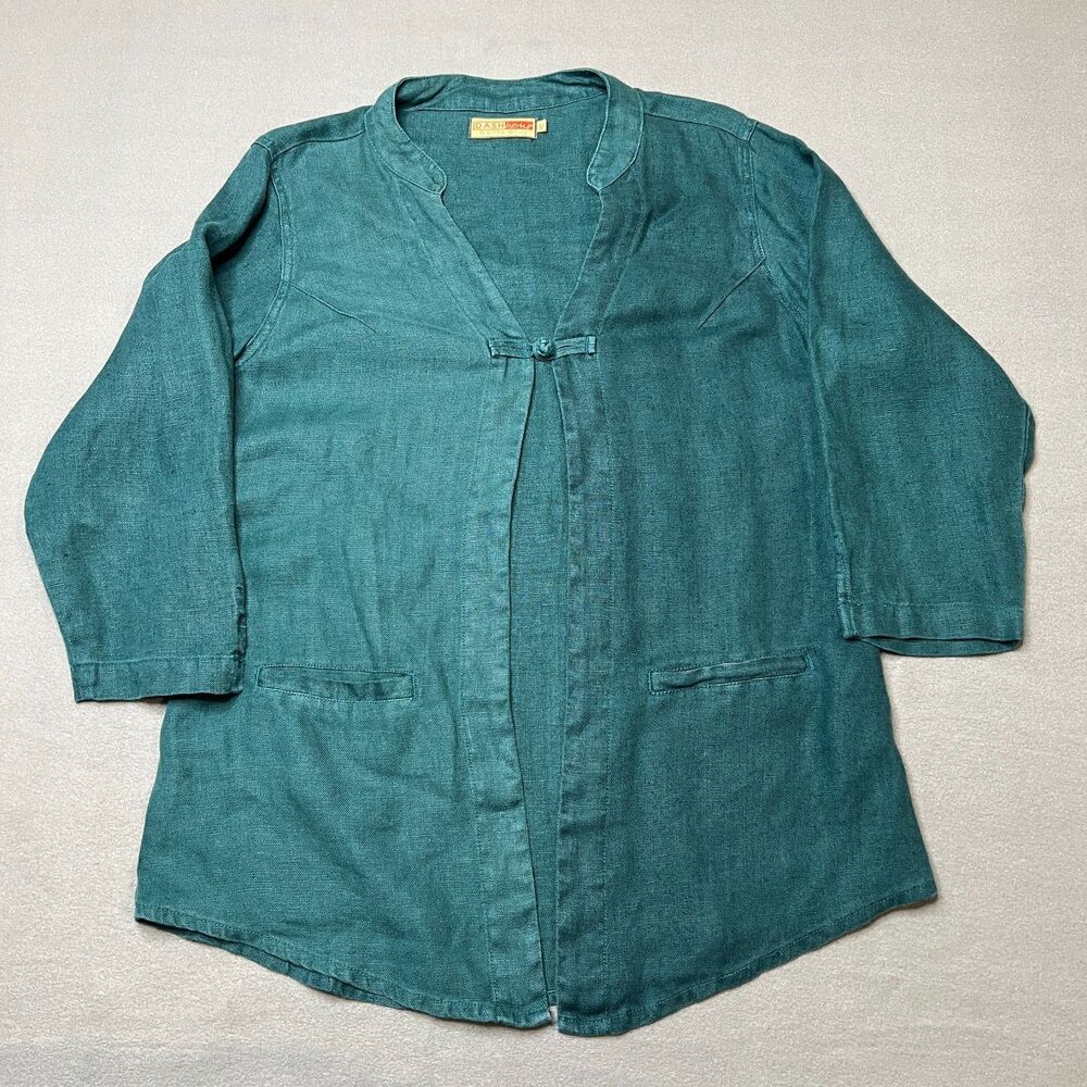 Dash Hemp Santa Cruz Top Womens Medium Green Mandarin Collar Classic Knot Button